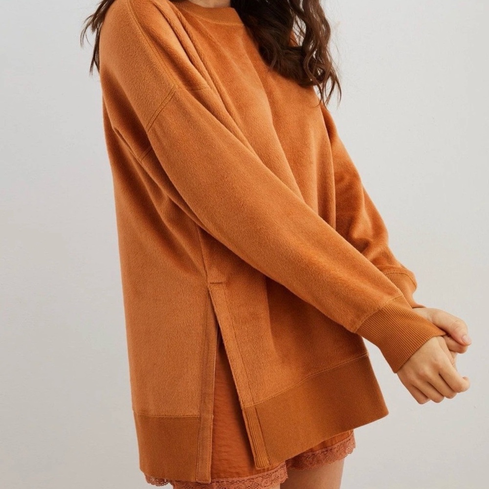 Aerie Textured Fleece Crewneck Sweatshirt Burnt Orange Soft Cozy Pullover Large